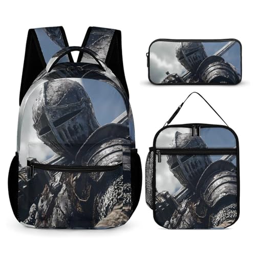 Knights Armor Sword 3 PCS Backpack Set Casual Daypack with Insulated Lunch Bag & Pencil Case