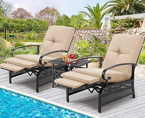 Aecojoy Outdoor Recliner Chairs Set Of 2, Patio Outdoor Lounge Chairs Set Of 2 With Adjustable Back, Pool Lounge Chairs With Beige Olefin Cushions (Removable) #TOP1