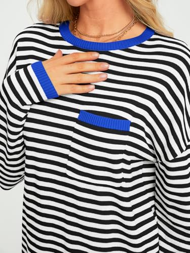 Image of LILLUSORY Womens Striped Soft Knit Pullover Sweater Loose Fit Shirts with Chest Pocket
