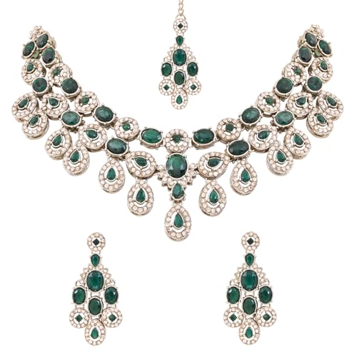 I Jewels Traditional Teardrop Design & Stone Necklace Jewellery With Earrings & Maang Tikka Set for Women (IJ414) (Green)
