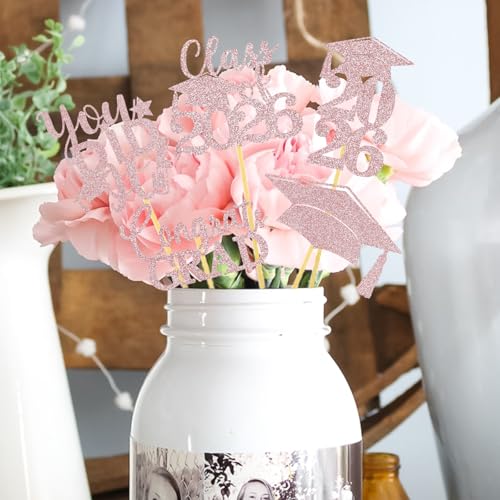 Image of Graduation Centerpiece Sticks 24PCS Glitter Grad Picks Party Table Decor Senior High School College Sign Rose Gold
