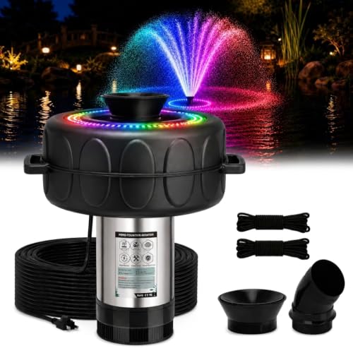 Image of Pond Fountain Aerator with Lights RGB Light 1HP 750W 110V Fountain | Fully Automatic change color, Stainless Steel Fountain Pump with 100 FT Power Cord, Pond Fountains for Small Large Pond Lake