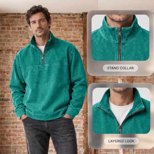 Men's Denim Shirt Washed Vintage 1/4 Zip Pullover Top Denim Blouse - image 8