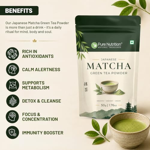 Image of Pure Nutrition Japanese Matcha Green Tea Powder | Matcha Green Tea for Weight Loss | Premium Culinary Grade Matcha for Latte, Smoothie & Baking | Smooth, Vibrant, Rich in Antioxidants | Natural Energy & Metabolism Support | Vegetarian (50g (Pack of 1))