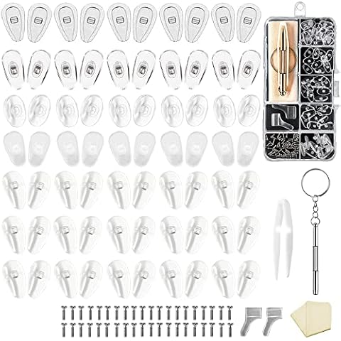 PIGIAOKA Eyeglass Nose Pads, 35 Pairs Eyeglass Repair Kit Upgraded Soft Silicone Air Chamber Screw-in Glasses Nose Pad Replacement Kit with Screws, Screwdriver, Tweezers, Glasses Cloth and Earhook Cover