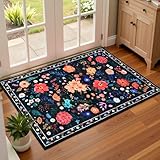 Terrug Floral Entryway Rug, 2x3 Black Rug Boho Washable Kitchen Throw Rugs, Soft Low Pile Cute Small Rugs, Non-Slip Stain Resistant Vintage Rug for Entryway Bedroom Kitchen Bathroom Laundry