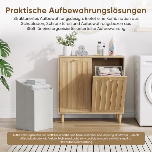 Eichenfarbener Badezimmer-Wäscheschrank mit herausnehmbarem Wäschekorb, platzsparender freistehender Haushaltsaufbewahrungsschrank