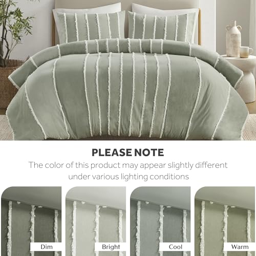 Image of Ink+Ivy Queen Duvet Cover Set Boho Duvet Covers Stripes, Clipped Jacquard, Cotton Duvet Cover for Queen Size Bed, All Season Lightweight Queen Bedding Cover & Shams, Shay, Full /Queen, Sage 3 Piece