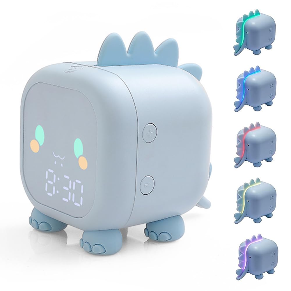 Reloj Despertador para niños, Despertador Digital con luz Nocturna, función de repetición y Temporizador, Control De Voz USB Reloj Despertador de Dinosaurio para niños y niñas (Azul)