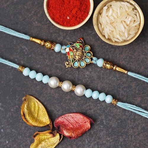 Image of eCraftIndia Set of 2 Light Blue Golden Premium Designer Rakhi for Brother Bhaiya Bhai | Roli Chawal Pack | Rakhi Combo