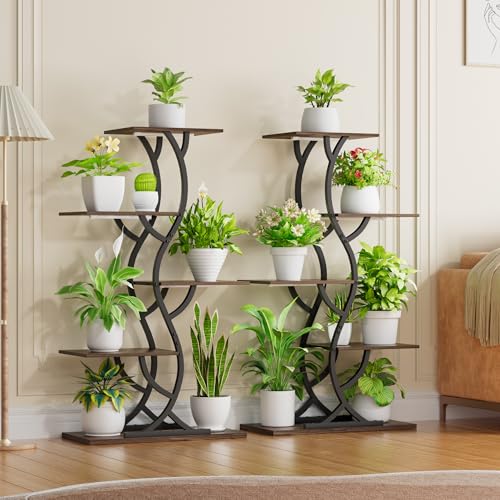 Image of Plant Stand Indoor with Grow Lights - 5 Tiered Corner Plant Shelves (Brown) | 44 inch Tall Metal Plant Shelf, S-Shape Lighted Flower Holder Dispaly Rack for Living Room, Home, Patio, Balcony