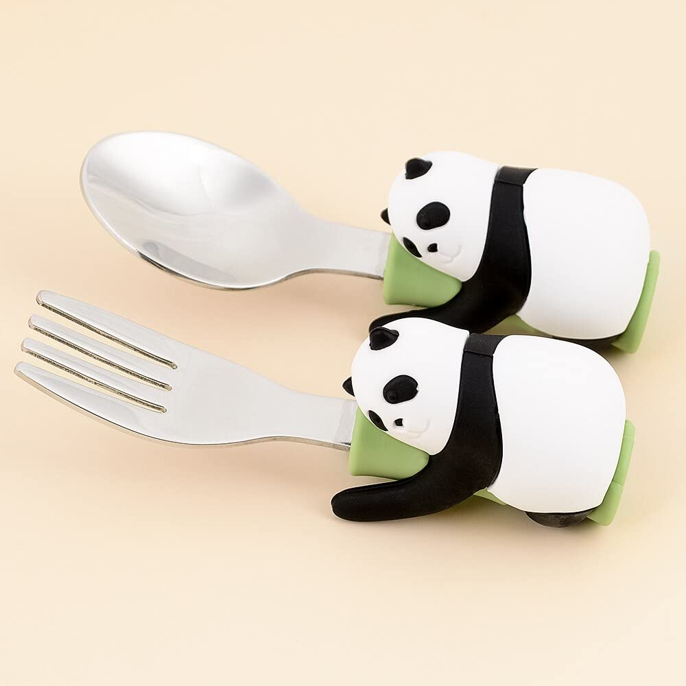 2 Pcs Mini Panda Spoon and Fork Baby Training Utensils Self Feeding – 316 Stainless Steel Silicone Handle Baby Feeding Spoon Fork Children’s Cutlery Set – Baby Led Wearing Cutlery