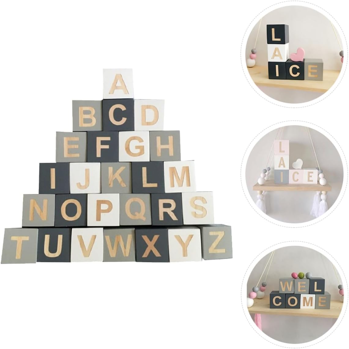 Unomor 26pcs Wooden Alphabet Blocks for Photo Props and Home Decor Rustic Letter Cubes for Parties Weddings and Events Lightweight and Natural Decor