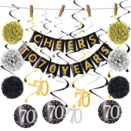 70th Birthday Party Decorations Kit, Cheers to 70 Years Banner,Poms, Hanging Swirls