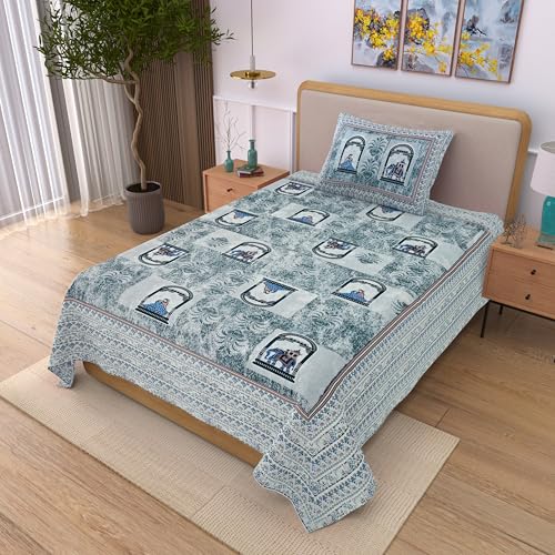Image of 100% Cotton Single Bedsheet with 1 Pillow Cover | 240 TC Pure Cotton Flat Bed Sheet | Traditional Jaipuri Printed Bedding Set | Soft & Breathable | 60 x 90 Inch (Rangmahal Single 59)
