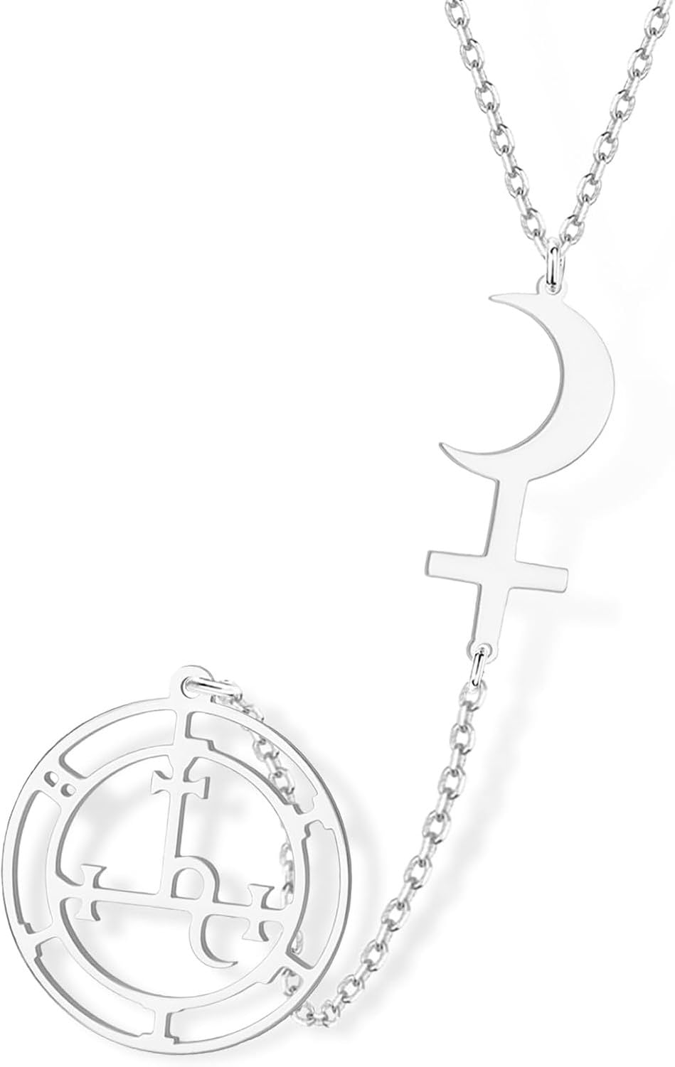 DAEFAG Sigil of Lilith Crescent Moon Witchcraft Pendant Necklace Double Protection for Black Moon Goddess Symbol Amulet Gothic Astrology Cross Pendant Witch Pagan Jewe, Silver1