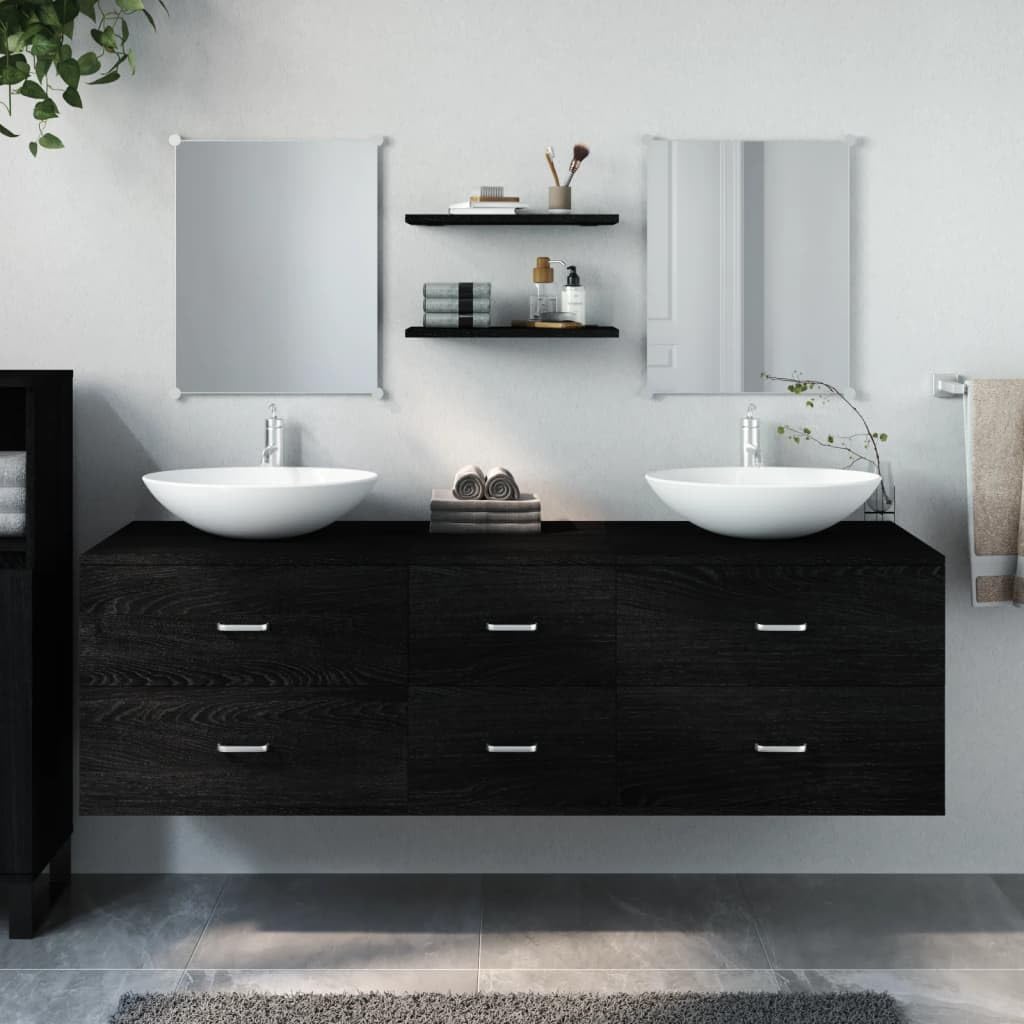 Juego de muebles de baño de 5 piezas, color negro de madera con armario para lavabo, armario con espejo, armario alto y estantes para baño, inodoro de invitados, montaje en pared, ahorra
