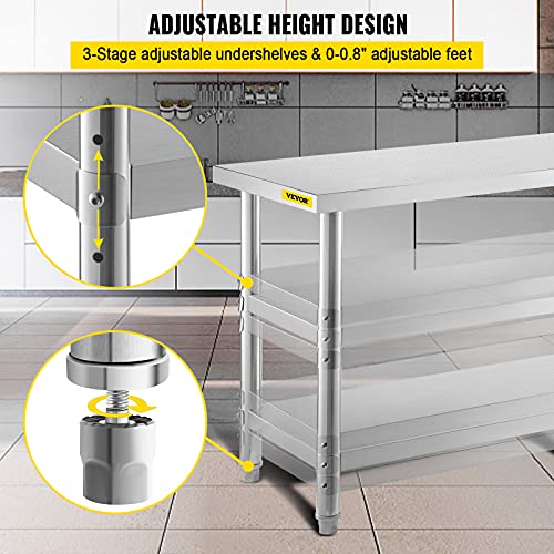 Vevor Outdoor Food Prep Table, 48X14X33 In Commercial Stainless Steel Table, 2 Adjustable Undershelf Bbq Prep Table, Heavy Duty Kitchen Work Table, For Garage, Home, Warehouse, And Kitchen Silver #TOP5