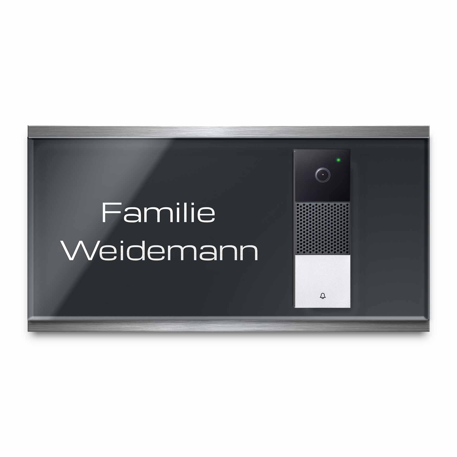 Modernes Klingel Schild für smarte Videotürklingel Netatmo - personalisiertes Türschild aus Edelstahl & Acrylglas | kompatibel mit Video Funk Klingel - Türklingel Funkklingel Zubehör (35x18 cm)