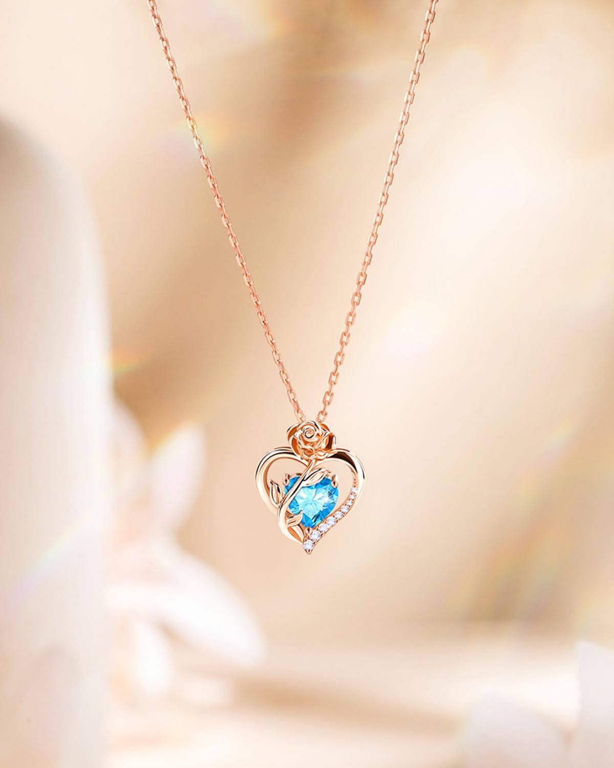 Heart Birthstone Rose Necklace for Women: Genuine 925 Sterling Silver Rose Gold Pendant Dainty Necklace Gold Jewelry Valentines Christmas Anniversary Birthday Gifts for Wife Mom Daughter - Image 5