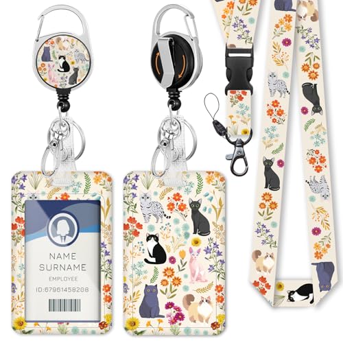 Porte-nom pour femmes contre la perte de badge avec cordon rétractable chat floral Gctriki
