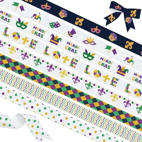 YKW Mardi Gras Grosgrain Ribbon 8 Pack Yards 3/8 Wide in Purple Green Yellow Fleur de Lis & Mask Patterns for Party Decorations Gift Wrapping