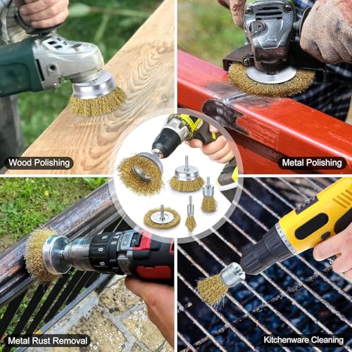 Image of Brass Wire Brush for Drill Rust Removal, Wire Wheel for Drill, Cup Brush and End Brush Set, Wire Brush Drills Attachments, 1 /4 inch Drill Shank, Carbon Steel Bristles (Brass Wire Brush, 28)