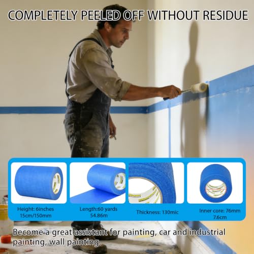 Image of Blue Painters Tape，6Inch x 60Yards,Blue Masking Tape,Painting Tape for Wall | for Wall Painting,DIY Crafts Arts,Painter's,Decoration Labeling,No Residue, Easy Removal