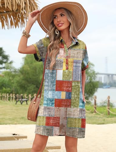 Image of HOTOUCH Womens Summer Shirt Dress 2026 Short Sleeve Floral Shift Dress Casual Loose Flowy Beach Sundress with Pockets