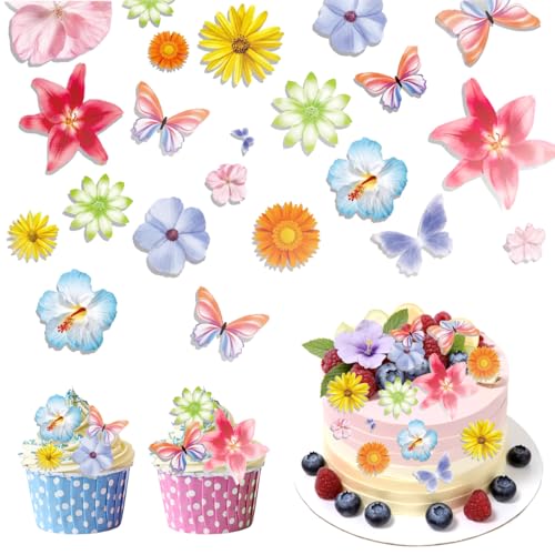 Flores comestibles para tartas, 60 piezas flores comestibles para decoración de tartas, mariposas comestibles para hojas comestibles para cupcakes para fiestas y tartas hawaianas, fabricación de velas