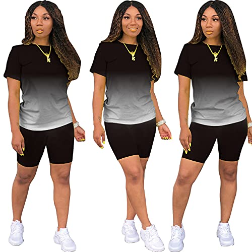 Pinli Tie Dye Women's 2 Piece Shorts Sets Casual Gradient Solid Color Classic Fashion Sportswear Blackxl #TOP4