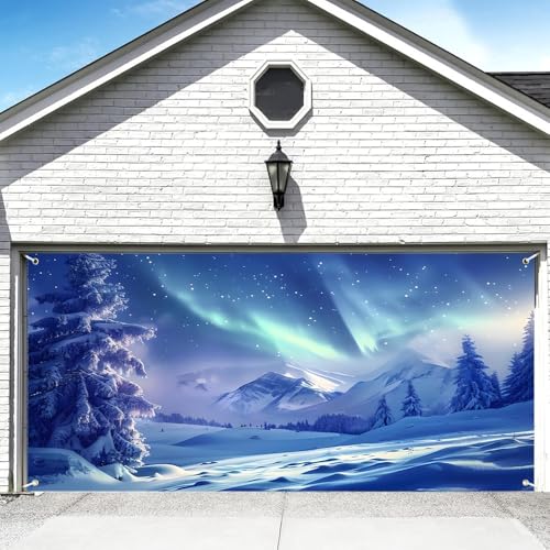 DORCEV 2,1 x 4,8 m Winterlandschaft Garagentor Dekorationen Winter Fantasie Sternenhimmel Berg Wald Bäume Türabdeckung Banner Hintergrund Auroras Wunderland Weihnachten Party Dekor Kinder Erwachsene