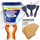 Wall Repair Kit With 1.4kg Ready Mixed Filler for Walls Holes & Gaps | 12 Assorted Sand Paper, Gloves & Plastic Filling Tools | Plaster & Wood Filler