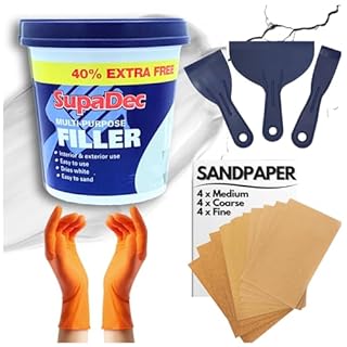 Wall Repair Kit With 1.4kg Ready Mixed Filler for Walls Holes & Gaps | 12 Assorted Sand Paper, Gloves & Plastic Filling Tools | Plaster & Wood Filler