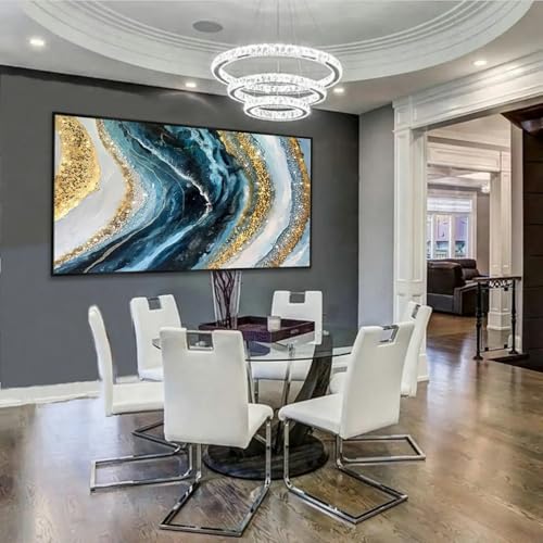 Grande peinture sur toile bleu or HYFBH : tableau d'art mural encadré haut de gamme 50x95cm