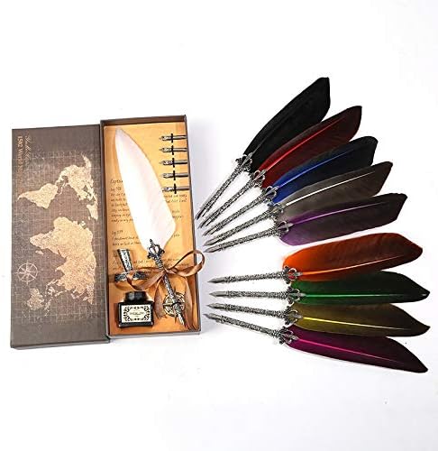 1 set of retro vintage calligraphy feather dip pen writing ink set stationery pen creative vintage pen dripping (Color : Rose Red)