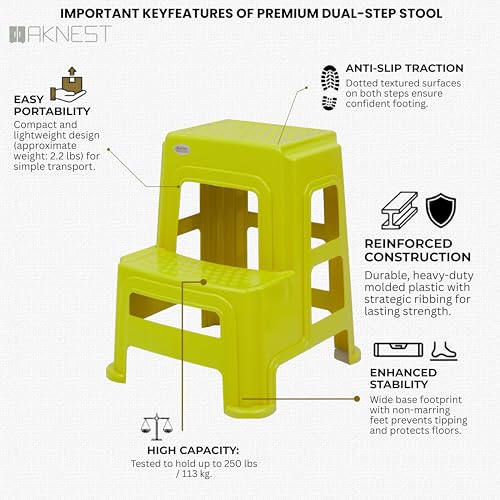 Image of Oaknest Supreme Multipurpose Plastic 2-Step Stool for Kids & Adults - Anti-Slip Lightweight Stepping Stool for Kitchen, Bathroom & Home - Yellow, 2 Piece