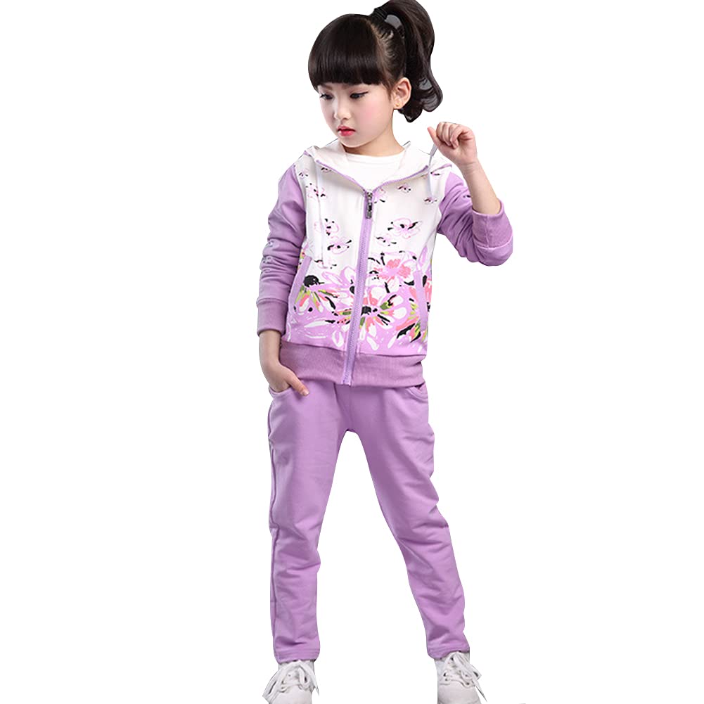 Mädchen 2tlg Bekleidungsset Trainingsanzug Sportanzug Outfit-Set Jogginganzug(Jacke + Hose/Langarmshirt+ Hose) mit Blumen-Muster