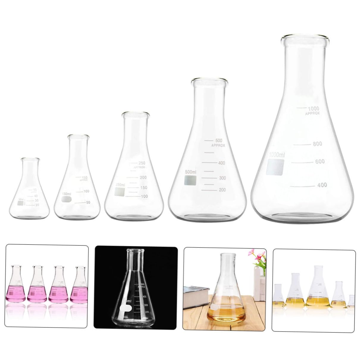Anneome Matraz Cónico de Vidrio de Borosilicato 5 Piezas para Laboratorio | Boca Estrecha, Fondo Plano y Graduaciones Estándar, 50ml a 1000ml, Uso en Educación