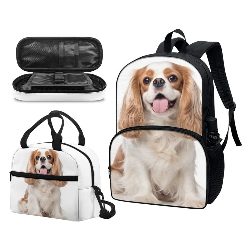 Cute Cavalier King Charles Spaniel School Backpack Kids Bookbag Set Puppy Dog Lunch Bag & Pencil Case Elementary Preschool Kindergarten Supplies Boys Girls