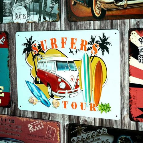 Image of Eazywagon Decorative Retro Metal Signs Wall Plate - 12x8 Inch (Volkswagan Surfer's Tour) | Weatherproof Vintage Metal Sign Plate for Cafe, Home, Bar, Garage | Decorative Wall Hanging Sign Board