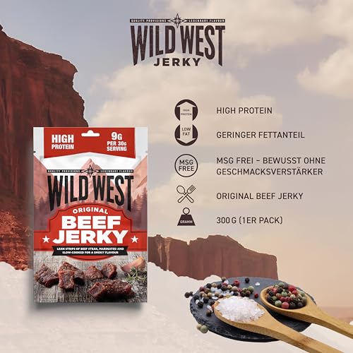 Wild West Beef Jerky, 300g Orignal Rindfleisch, Beef Jerky high Protein Trockenfleisch, Protein Snack
