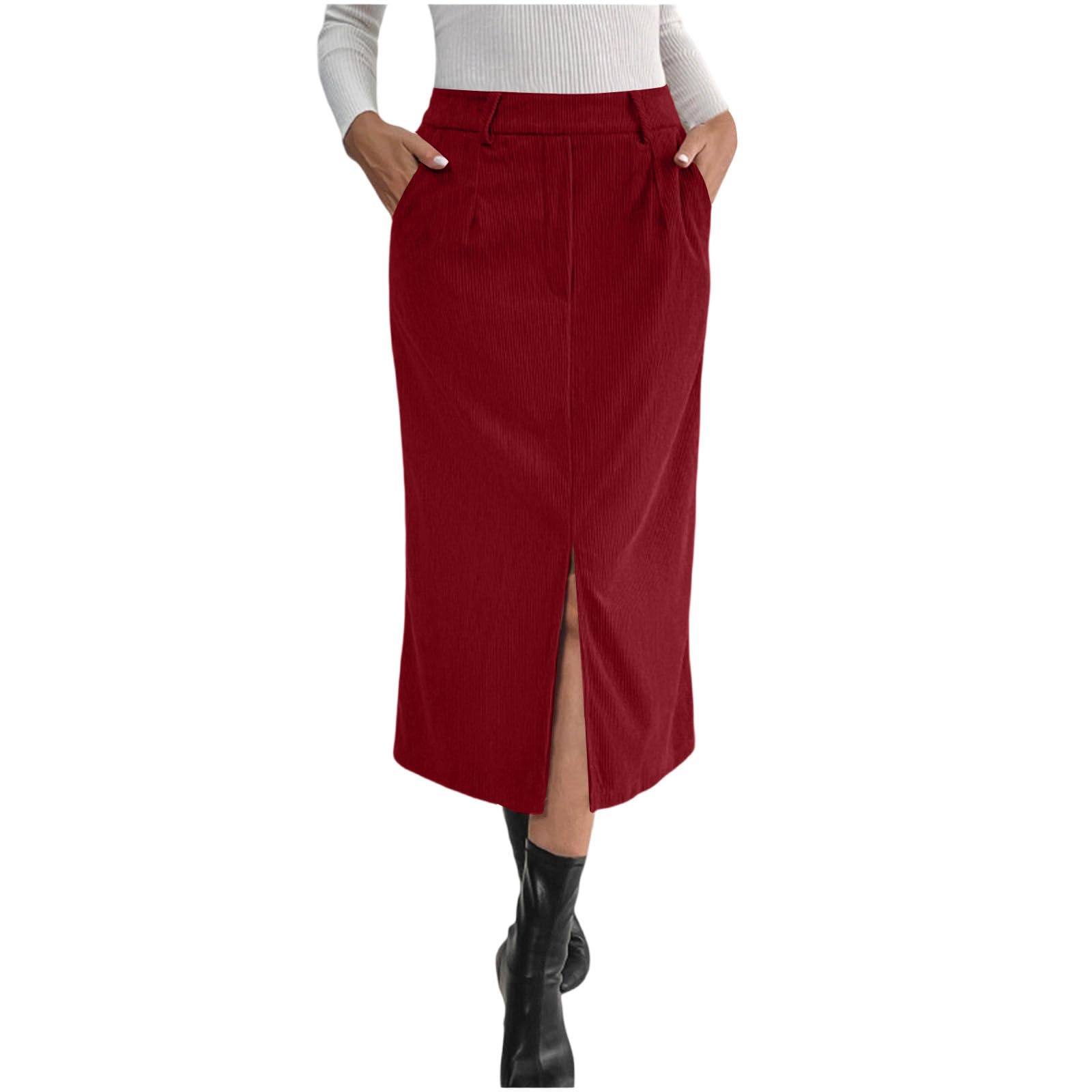 Anjikang Womens Corduroy Work Skirts High Waisted Pencil Midi Skirts Business Casual Office Fall Winter Outfits with Pockets