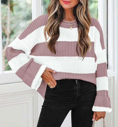 Image of ZESICA Women's 2026 Fall Long Sleeve Oversized Striped Color Block Comfy Loose Crew Neck Knitted Pullover Sweaters