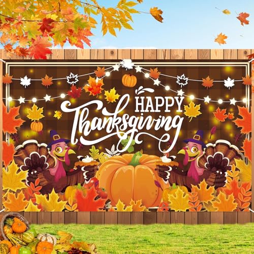 Large Thanksgiving Banner 72x44 Inch Turkey Pumpkin Happy Backdrop for Yard Indoor Wall Decor Thanksgiving Decorations Outdoor Party Supplies with Maple Leaf Design for Home Photography Background