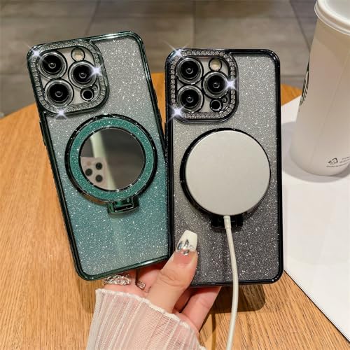 Coque magnétique iPhone 15 diamant luxe avec miroir intégré et placage souple - 4
