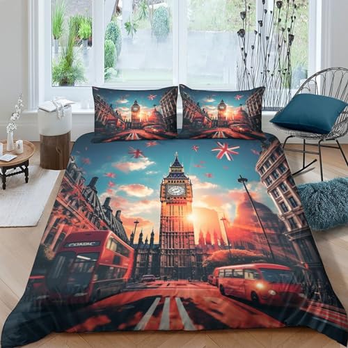 TNFHSOFT Vue de la Ville de Londres Housse De Couette Parure De Lit 3 Pieces Microfibre Modern 3D Ensemble Literie- 1 Housse De Couette + 2 Taies d'oreiller...