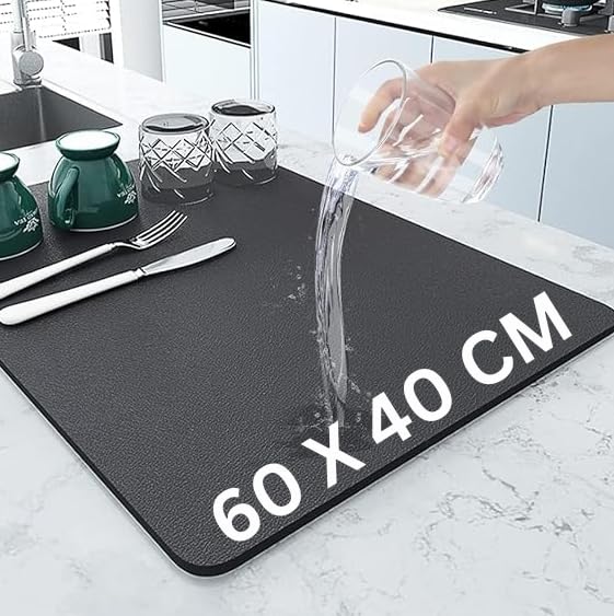 Image of Dish Drying Mat Large - Water Absorbing Mat for Kitchen, Kitchen mat for Drying Utensils, Kitchen Drying Mat for Wet Utensils, Drying Mat for Kitchen Utensils Large (Dark Black, 60 x 40 Cm)