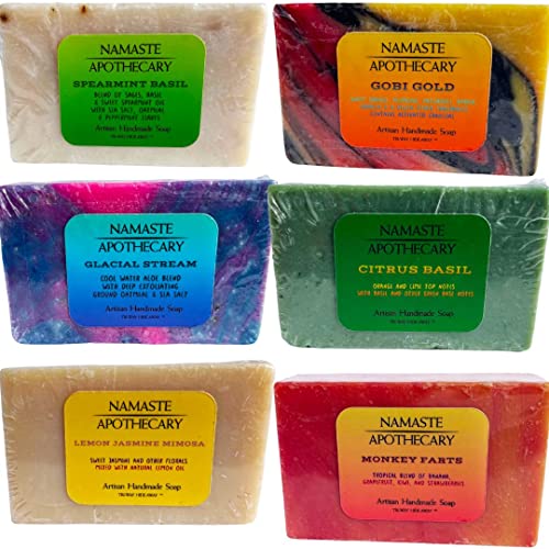 Namaste Apothecary By Tri-Way Hide-Away - Handmade Soap Collection Bar Soap For Men - 6 Soap Bar Variety Pack Body Soap - Cool Citrus Basil, Glacial Stream Scrub, Gobi Gold, Lemon Jasmine Mimosa, Monkey Farts, Spearmint Basil Scrub #TOP17