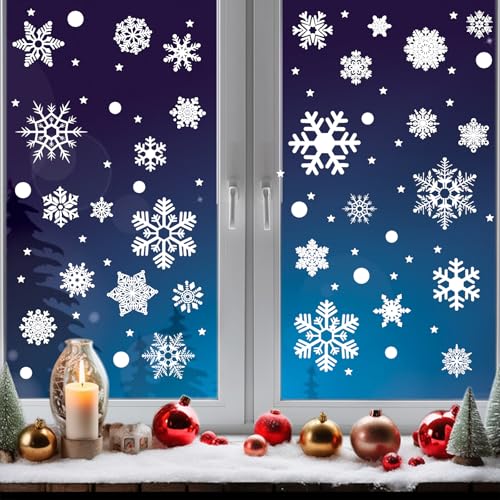 Niviy Fensterbilder Weihnachten,247 PCS Schneeflocken Deko Weiß Statisch Haftende Ohne Kleber Abnehmbare Doppelseitige Wiederverwendbar Winter Schneeflocken Weihnachtsdeko Aufkleber für Fenster Tür